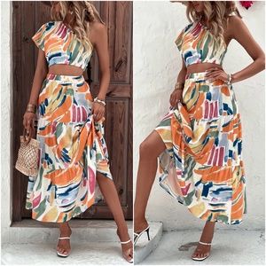 Boho Brush Strokes One Shoulder top Maxi Skirt